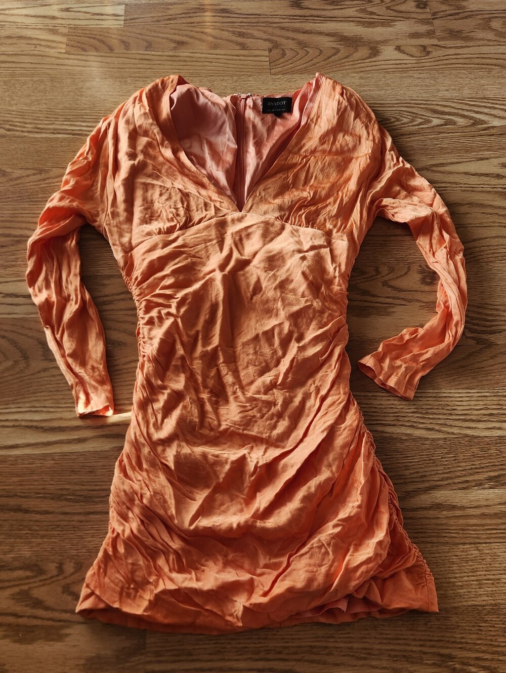 EUC Bardot Coral-Orange Long Sleeve V-Neck Ruched Dress, Size 8